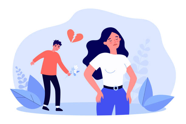 Girlfriend walking away from sad boyfriend holding flowers Girlfriend walking away from sad boyfriend holding flowers. Woman rejecting or breaking up with man flat vector illustration. Relationship, rejection concept for banner, website design or landing page man rejected stock illustrations