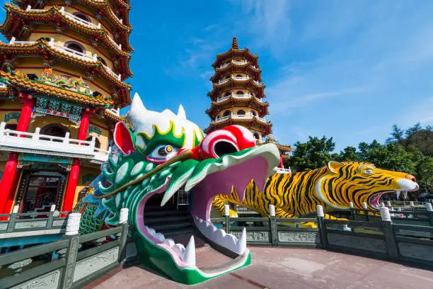 Architecture view of the Dragon and Tiger Pagodas in Lotus Pond of Kaohsiung, Taiwan. it is a temple located at Lotus Pond in Zuoying District, Kaohsiung, Taiwan.