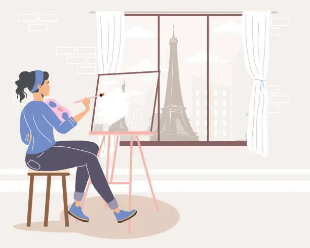 Vector illustration of female artist painting seated