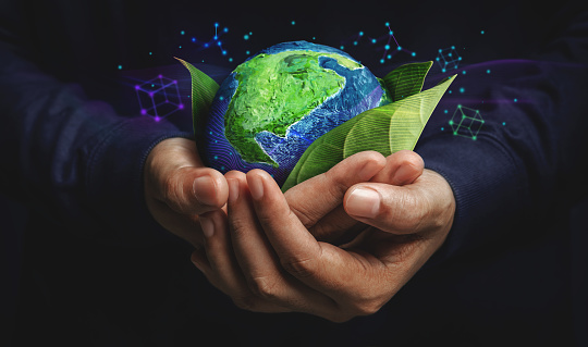 Concepto ESG. Nature Meet Technology. Energía verde, recursos renovables y sostenibles photo