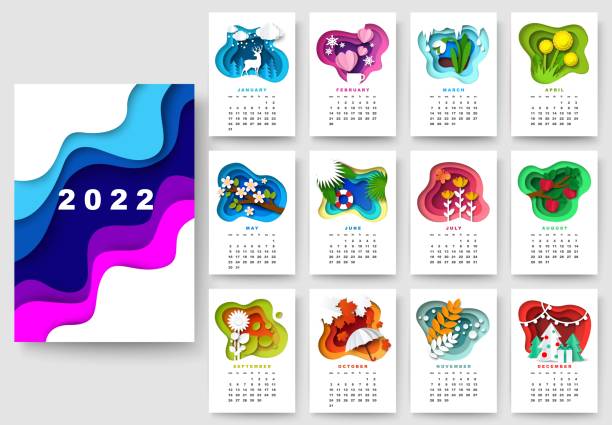 Year 2022 calendar template. Winter, spring, summer, autumn season nature, floral design, vector paper cut illustration. Year 2022 calendar template. Winter, spring, summer, autumn season nature and floral design, vector illustration in paper art style. nature calendar stock illustrations