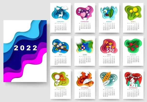 Vector illustration of Year 2022 calendar template. Winter, spring, summer, autumn season nature, floral design, vector paper cut illustration.