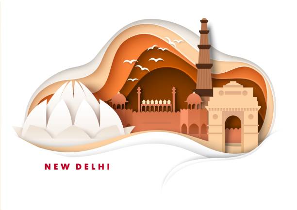 New Delhi city skyline, vector paper cut illustration. India Gate, Lotus Temple, world famous landmarks. Global travel. New Delhi city skyline, vector illustration in paper art style. India Gate, Lotus Temple, world famous landmarks and tourist attractions in Delhi. Global travel. taj mahal world map mahal famous place stock illustrations