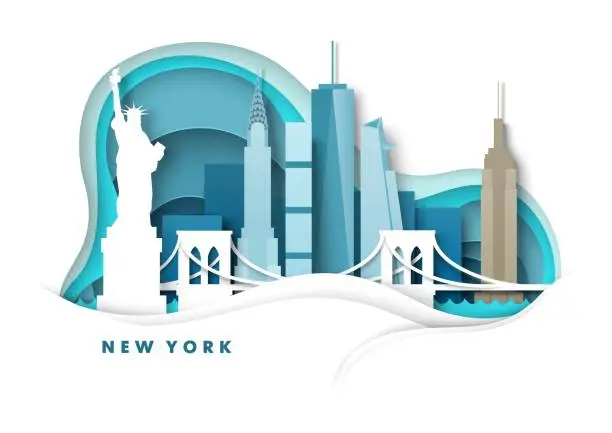 Vector illustration of New York City skyline, vector paper cut illustration. Statue of Liberty, Bridge, world famous landmarks. Global travel.
