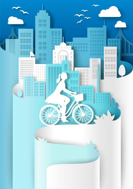 ilustrações de stock, clip art, desenhos animados e ícones de woman riding bicycle with basket, city building silhouettes, vector paper cut illustration. city eco transport poster. - papercut