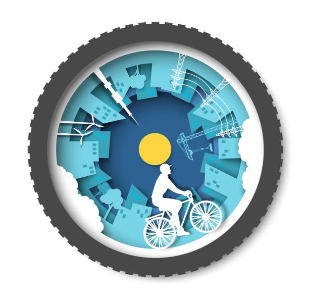 Eco friendly city with buildings, windmills and young man riding bicycle, vector paper cut illustration. City transport. Eco friendly city with buildings, windmills and young man riding bicycle silhouettes inside of bike wheel, vector paper cut illustration. City transport, renewable energy, nature protection. bicycle backgrounds stock illustrations