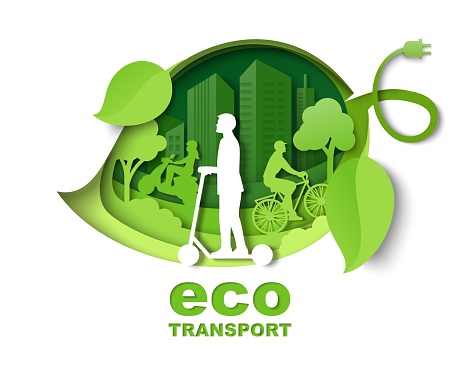 Green leaf with eco friendly city buildings and people riding bicycle, electric scooter, motor scooter, vector paper cut illustration. City eco transport poster template.