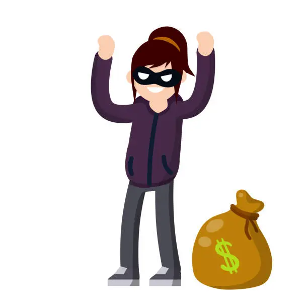 Vector illustration of Thief raised hands. Detention of criminals. Woman in black robber mask. Bag of green money. Bank robbery. Arrest the girl. Cartoon flat illustration