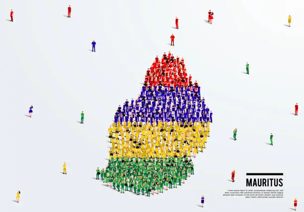 Vector illustration of Mauritius Map and Flag. A large group of people in the Mauritius flag color form to create the map. Vector Illustration.