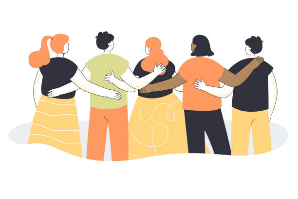 Back view of team of cartoon men and women hugging Back view of team of cartoon men and women hugging. Crowd of people from behind, friends, community flat vector illustration. Communication, teamwork, diversity concept for banner, website design embracing illustrations stock illustrations