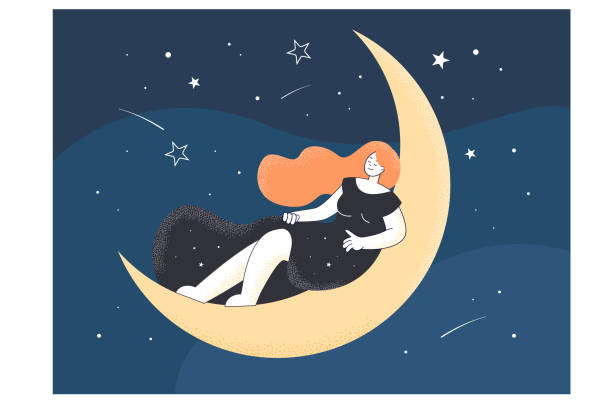istock Drawing of female person sleeping on moon at night 1335361455