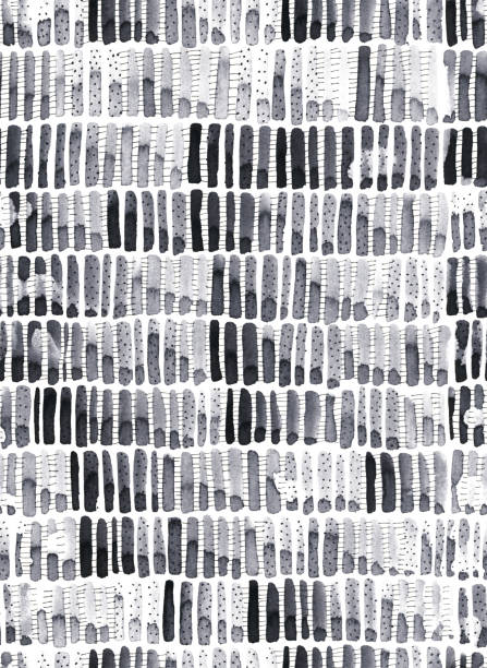 istock Watercolor doodle isolated on white paper background - short bold vertical lines in a row hand painted by black paint and decorated with dots and lines drawn by pen - uneven dirty beautiful creative pattern design with unique textured effect 1335362058
