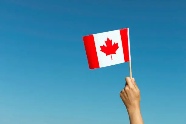 Hand is waving Canadian flag with clear blue sky in background.