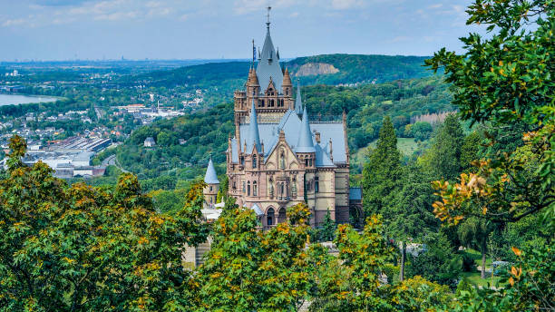 Panoramic view of the castle of Schloss Drachenburg Panoramic view of the castle of Schloss Drachenburg bonn germany stock pictures, royalty-free photos & images