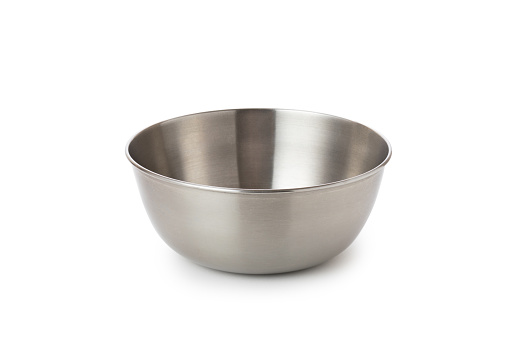 Empty deep metal mixing bowl with clipping path.