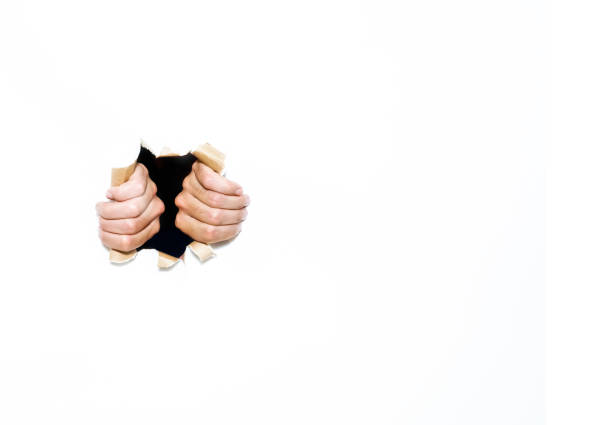 istock Two hands tearing through a white paper wall. Illustrating escaping or breaking into something. 1335366222