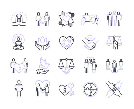 Harmonious relationship vector icons set. Interaction, joint development, equality symbols. Infographics, linear pictograms. Collection of flat outline minimal style line art vector illustrations