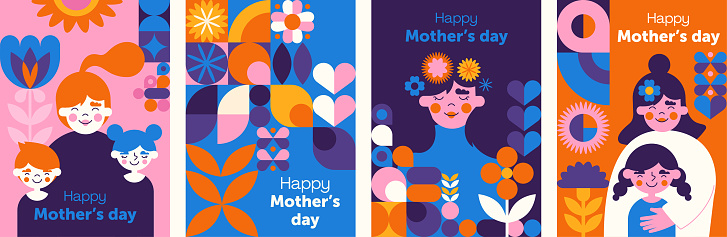 Mothers day. Womens Day. Abstract backgrounds or patterns. Hearts, buds, flowers, geometric shapes. Poster, label, banner, invitation. Mom with a child. Set of flat cartoon vector illustrations