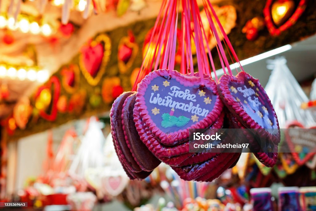 Market stall at the Christmas market and gingerbread hearts Gingerbread Hearts Merry Christmas Christmas Market Stock Photo