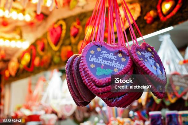 Market Stall At The Christmas Market And Gingerbread Hearts Stock Photo - Download Image Now