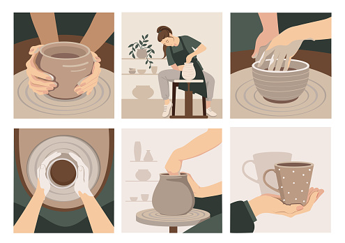 6 vector illustrations telling about the work in the pottery workshop.