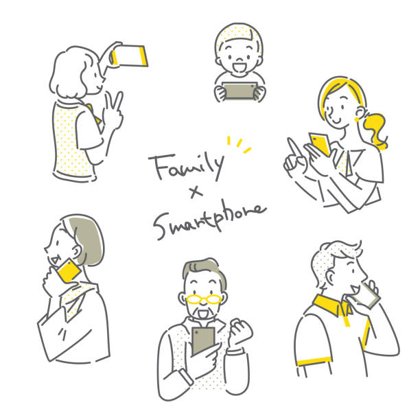 family with smartphone family with smartphone, simple line illustration, bicolor family reunion images pictures stock illustrations