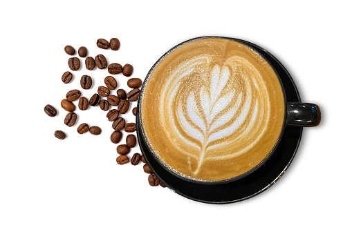 Latte coffee in black coffee cup decorated by coffee beans isolated on  white background. Clipping path included