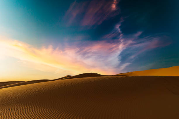 (selective focus) stunning sunset over some sand dunes of the merzouga desert in morocco. merzouga is a small village in southeastern morocco. natural background with copy space. - journey camel travel desert imagens e fotografias de stock
