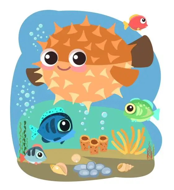 Vector illustration of Little landscape. Puffer fish. Underwater life. Wild animals. Ocean, sea. Summer water. Isolated on white background. Illustration in cartoon style. Flat design. Vector art