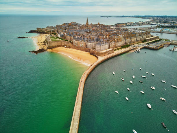 Scenic aerial drone view of Saint-Malo Intra-Muros, Brittany, France stock photo