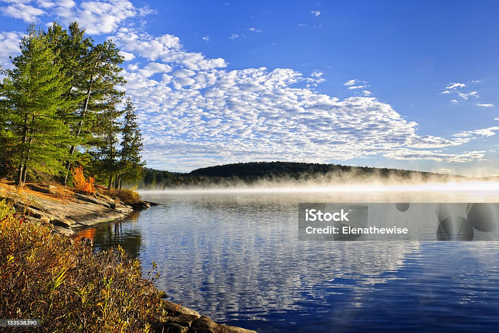 Autumn lake shore with fog Foggy lake shore at sunrise in fall,  Lake of Two Rivers, Ontario, Canada Algonquin Provincial Park Stock Photo