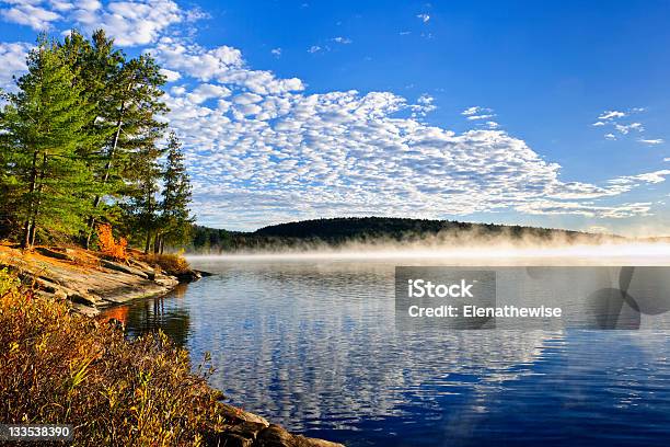 Autumn Lake Shore With Fog Stock Photo - Download Image Now - Algonquin Provincial Park, Autumn, Beauty In Nature