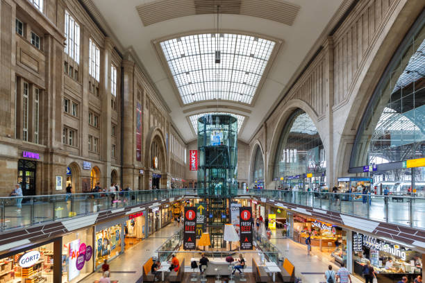 Leipzig, Germany - August 19, 2020: Leipzig main railway station Hauptbahnhof Hbf Deutsche Bahn DB hall shops in Germany.
