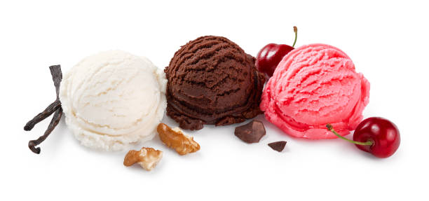istock Assorted of ice cream scoops on white background. Chocolate ice cream and cherry ice cream isolated with nuts, berries and vanilla. 1335391624