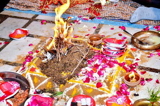 A sacred fire for Puja . Selective focus is used