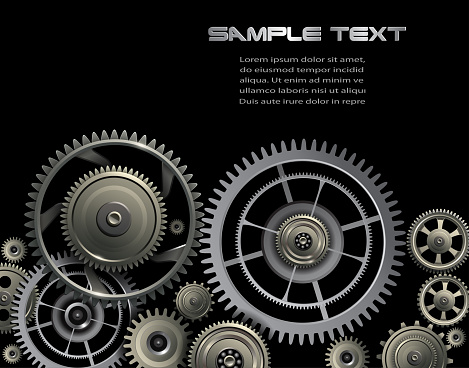 Background black with metallic technology cogs and gears, teamwork cooperation concept vector illustration.