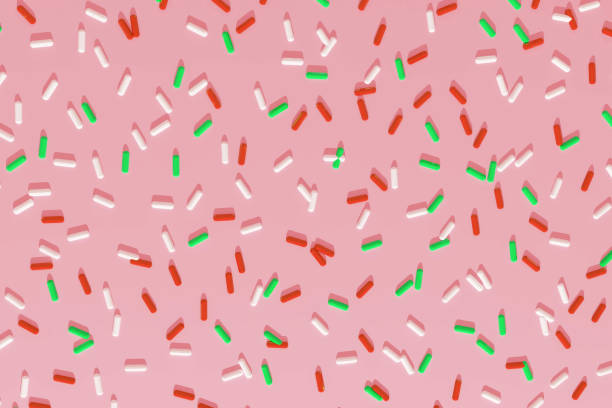 istock Random pattern of colorful bright oblong abstract confetti on pastel pink background. Decorative sprinkles. Holiday cute backdrop for banner, flyer or advertising. Celebration 3D Render illustration. 1335394164