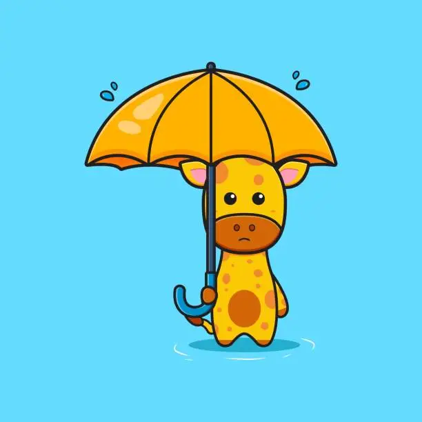 Vector illustration of Cute giraffe holding umbrella alone in the rain cartoon icon illustration.