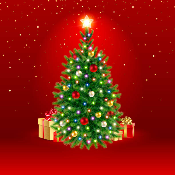 istock Christmas Tree with Gifts and Golden Confetti 1335394845