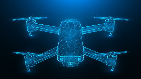 Quadcopter low poly design, drone polygonal vector illustration on a dark blue background. Unmanned aerial vehicle concept design.