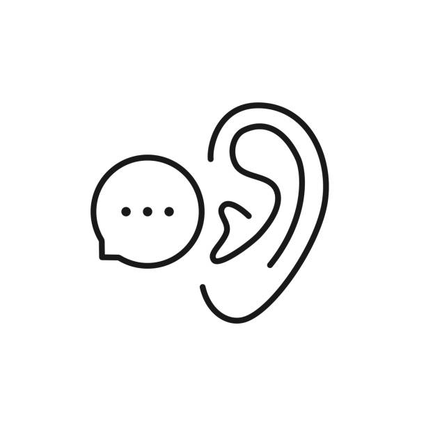 black linear bubble with ear like whisper black linear bubble with ear like whisper. concept of easy rumors spread and impact on the listener. flat stroke style trend modern lineart graphic art design isolated on white background eavesdropping stock illustrations