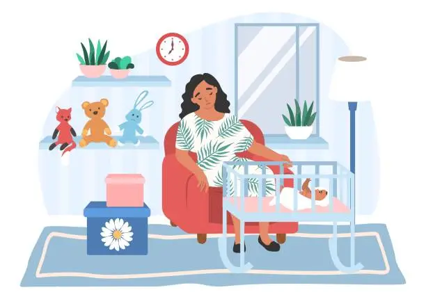 Vector illustration of Tired depressed mom sitting in armchair by baby crib, flat vector illustration. Parental stress, postnatal depression.