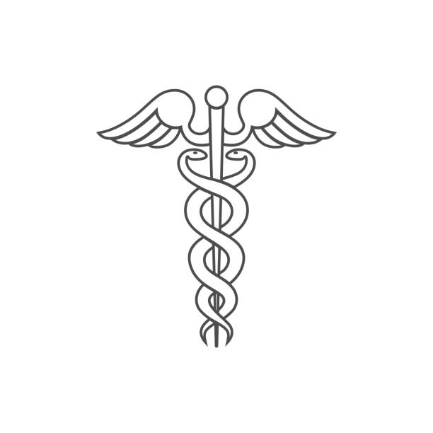 Caduceus line Modern sign of the caduceus. Symbol of medicine. The wand of Hermes with wings and two crossed snakes. Icon isolated on a white background. Vector illustration medical symbols stock illustrations
