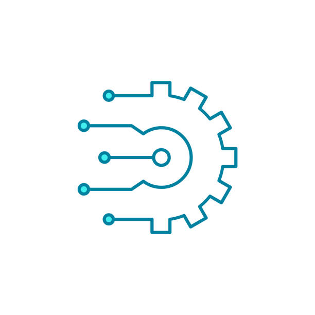 Artificial intelligence gear line icon. Machine learning process. Automation and industry 4.0 revolution. Digital transformation. Smart future business technology. Vector illustration, flat, clip art. automation logo stock illustrations