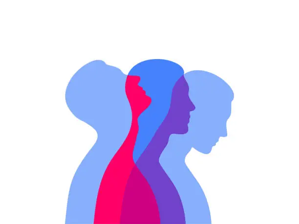 Vector illustration of Multicolor male silhouette in profile with a projections. Mental health concept. Duality and hidden emotions.