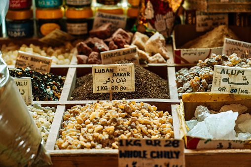 Variety of spices and herbs on the arab street market stall. Souq Waqif in Doha, Qatar.