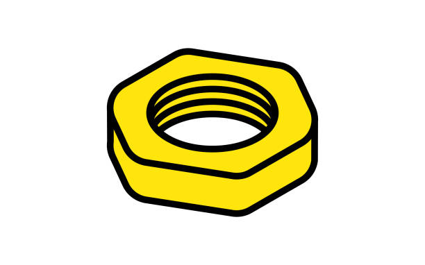 желтый простой орех изометрический значок, скелетные части - hardware store hexagon bolt work tool stock illustrations