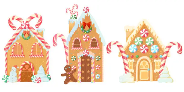 Vector illustration of Gingerbread house decorated with cream and various sweets. Christmas treat. Bright decor element. Vector illustration isolated on white background.