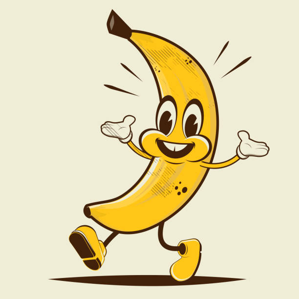funny cartoon illustration of a walking banana in retro style vector art illustration