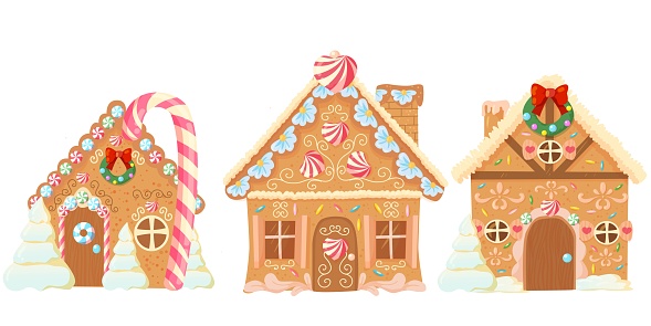 Gingerbread house decorated with cream and various sweets. Christmas treat. Bright decor element. Vector illustration isolated on white background.